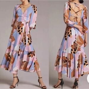 Anthropologie Hutch Bloom Wrap Maxi Dress Sz S Open Tie‎ Back Party Wedding Date
